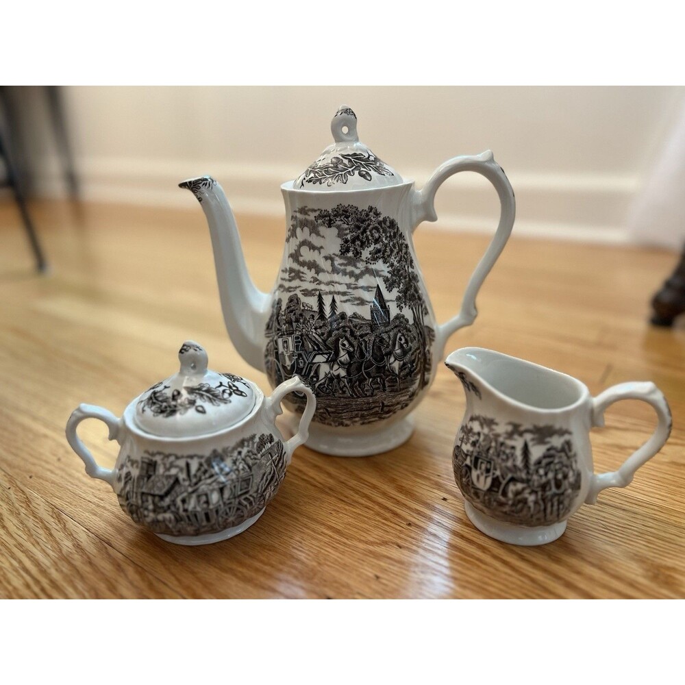 Myott Royal Mail Antique Staffordshire Ironstone Coffee Tea Pot Sugar & Creamer